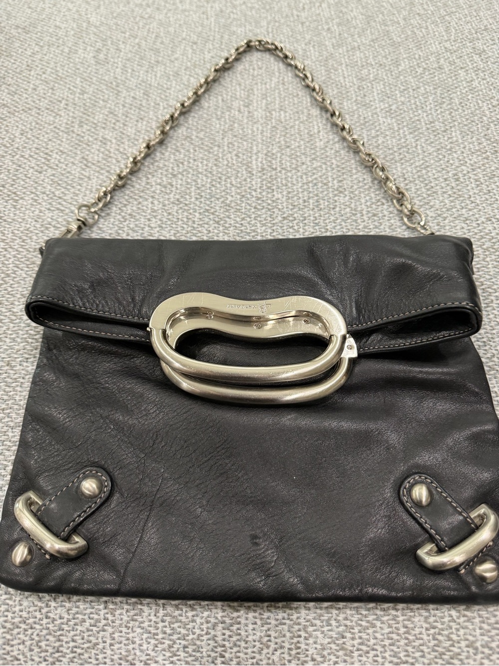 b. makowsky Black Leather Shoulder Bag with Silver Chain and Hardware